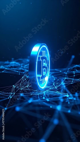A glowing blue Bitcoin symbol against a dark digital background.