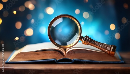 a magnifying glass perched on top of an open book great for finding references or highlighting important passages