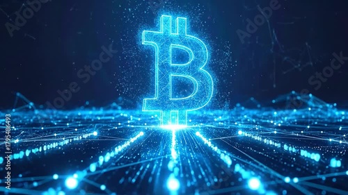 A digital representation of the Bitcoin symbol surrounded by a network of blue lights.