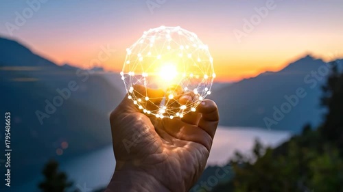 A hand reaching out towards a glowing, spherical representation of energy against a sunset backdrop.