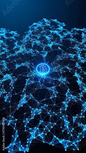 A digital representation of Bitcoin symbol surrounded by network motifs.