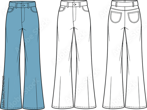 High waist wide leg pants, front and back view, fashion flat sketch, garment design template, cad drawing flat vector illustration