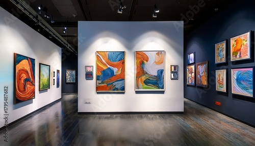 a contemporary art gallery displaying various abstract pictures on its walls
