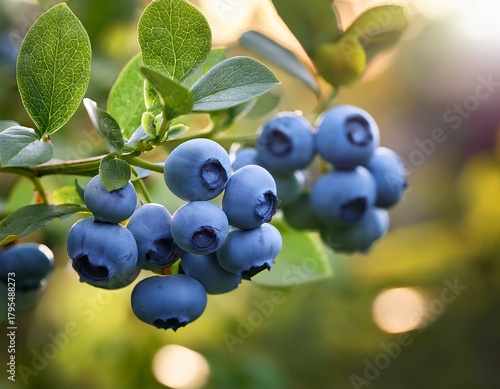 fresh blueberries hang from the branch of a tree