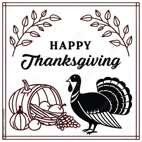 “Happy Thanksgiving” greeting vector with turkey silhouette and autumn leaves in a flat modern style. Perfect for holiday posts, cards and printables.