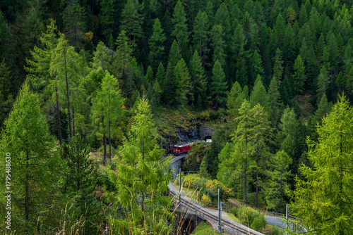 View of a freight train in the Swiss Alps.