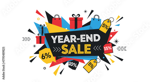 Year-End Sale Announcement with Gifts and Price Tags Vector Illustration