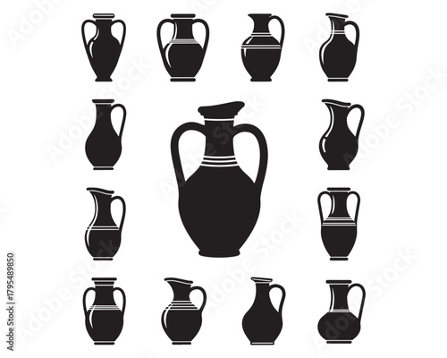 Pottery Vase Antique Vessel Vector Icon Collection Black White