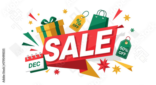 Festive December Sale Promotion Banner with Gift Boxes, Shopping Bags, and Stars. Announcing Big Discounts and Special Offers for Exciting Holiday Shopping and Seasonal Deals