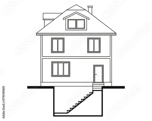 Black and White Line Drawing of Two Story House