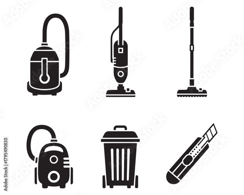 Cleaning tools vector illustration vacuum trash utility knife icon
