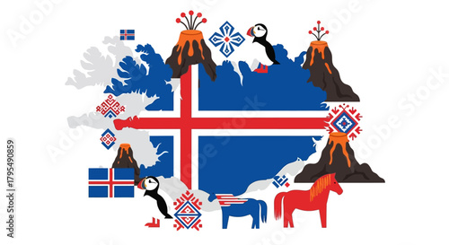 Explore stunning Iceland through vibrant iconic symbols like puffins, horses, volcanoes, and cultural patterns showcased on a colorful map perfect for travel and cultural projects
