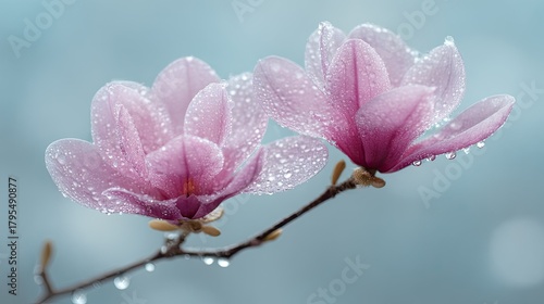 Two delicate pink blossoms are covered in glistening morning dew drops on a slender branch