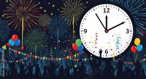 Celebrate the joyous New Year countdown with vibrant fireworks, a festive party atmosphere, and colorful balloons, perfect for event promotions and holiday marketing campaigns