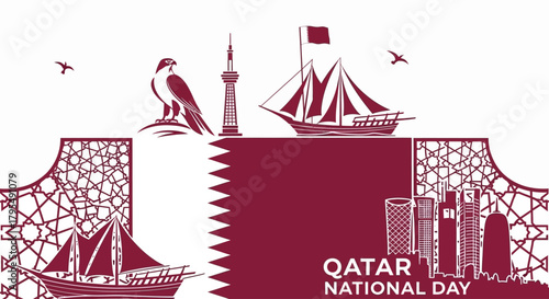 Celebrate Qatar National Day with elegant vector art featuring iconic landmarks, falcon, and dhow ships against a sophisticated geometric background, perfect for cultural promotions