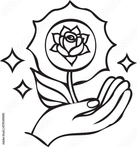 Rose in open palm — purity and gratitude