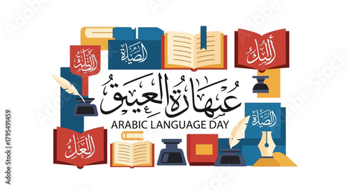 Celebrate Arabic Language Day with this vibrant design featuring traditional calligraphy, books, and quills perfect for educational resources and cultural promotions