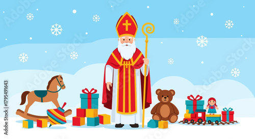 Celebrate Sinterklaas with colorful toys, a rocking horse, and gifts under falling snowflakes for heartwarming holiday cheer, a charming scene for Christmas celebrations