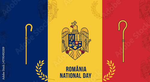 Celebrate România National Day with this vibrant, patriotic background featuring the national colors and coat of arms, perfect for social media campaigns and festive greetings