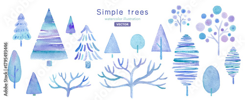 色々な冬の木の水彩イラストセット。シンプルなデザイン。（ベクター）