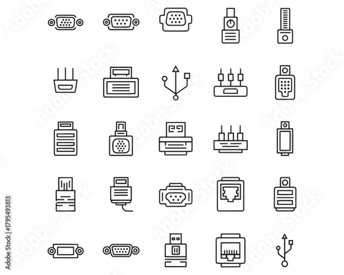 Computer Ports and Connectors Line Icons Technology Interface Graphic