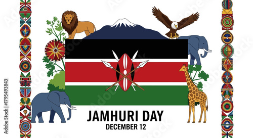 Celebrate Kenya's Vibrant Jamhuri Day with Stunning Wildlife and Cultural Symbols, a Perfect Design for National Holiday Greetings and Patriotic Celebrations of Kenyan Independence