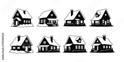 Collection of winter houses in silhouette style