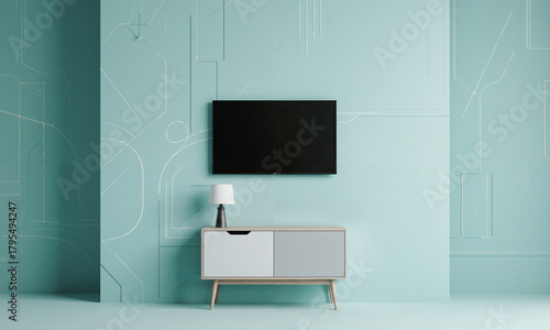 Aqua Calm Setup - Soft aqua-painted backdrop hosting mounted flat-screen above slim cabinet styled with lamp; frontal head-on perspective, daylight