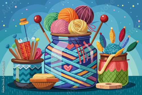 A jar with a knitted cover that holds various knitting needles and crochet hooks, a cozy craft supplies arrangement, a creative yarn entertainment concept, and a warm decoration scene of textile craft