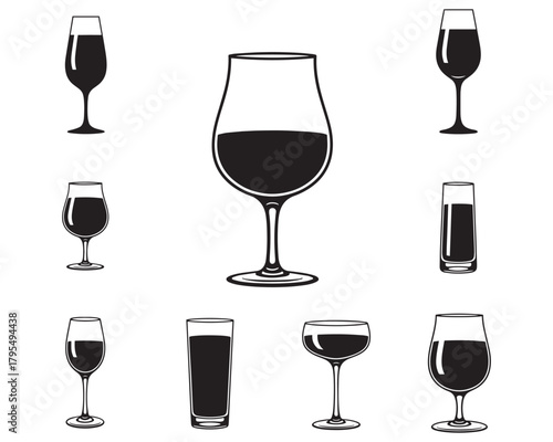 Black and White Glassware Collection Vector Drink Assortment