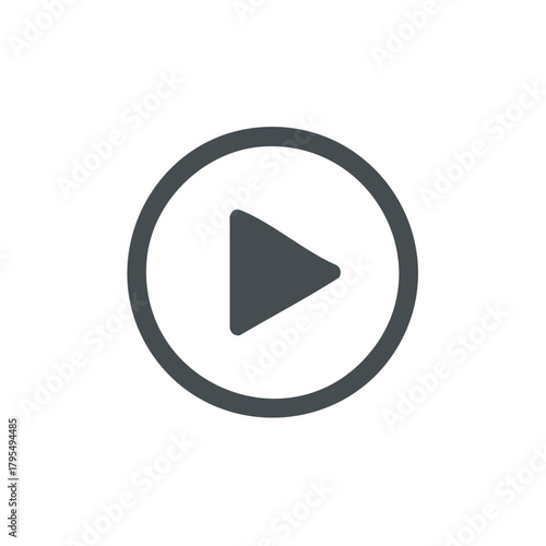Minimalist play button icon - gray triangle in circle for media, video, audio, web applications