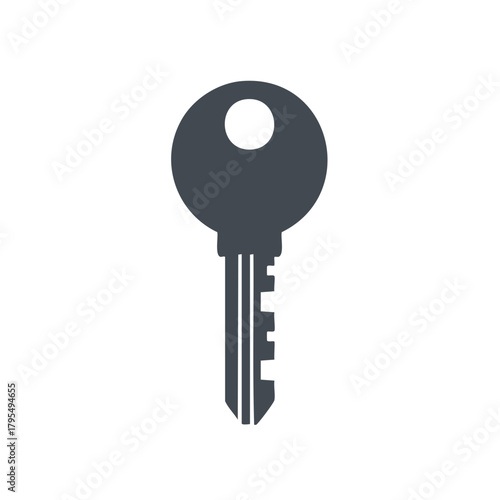 Simple Dark Gray Silhouette of a Classic House Key on a White Background
