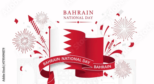 Celebrate Bahrain National Day with Vibrant Fireworks and Elegant Flag, Perfect for Patriotic Greetings and Festive Designs
