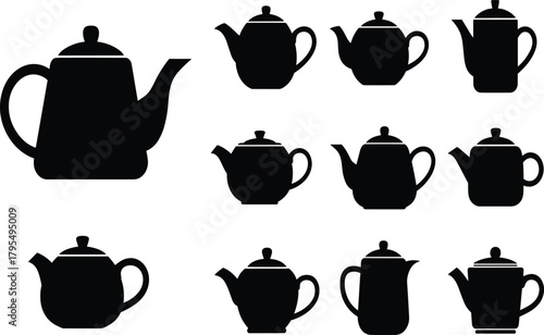 Black teapot silhouette collection, various teapot shapes and designs, tea kettle icons, vintage and modern teapot vector set illustration, minimal style.