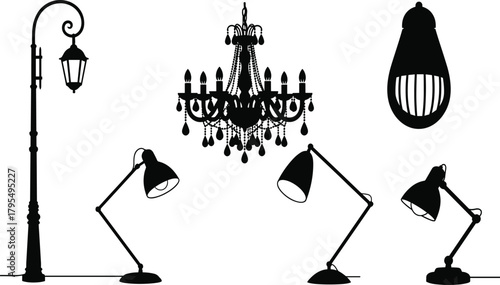 Lighting Fixtures Silhouette Vector Set, Including Chandelier, Street Lamp, Spotlight, and Desk Lamps, Representing Interior Design, Electricity, and Illumination.