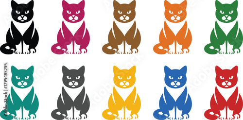 Sitting cat icons in various hues cats, Colorful feline silhouettes collection