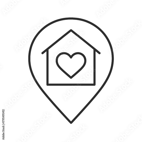 Minimalist home with heart icon, black outline vector for social programs, family welfare services, and public assistance platforms.