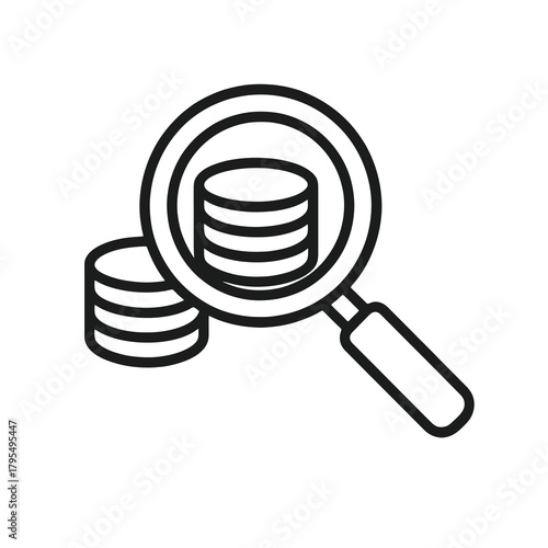 Minimalist economic inspection icon, black outline vector for welfare analytics, government budgeting, and social policy monitoring.