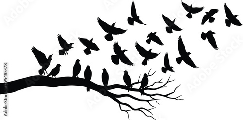 Flock of Birds Silhouettes Vector Illustration, Resting on a Bare Branch While Others Fly Away, Symbolizing Migration, Transition, Freedom, and Natural Harmony.