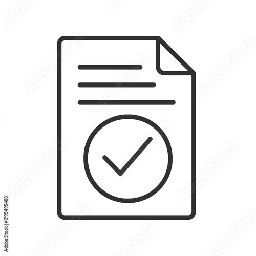 Thin line approved document icon, black vector symbol representing validated legislation, official policy approval, and government compliance.