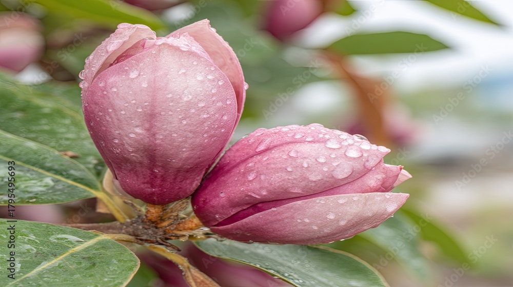 Fototapeta premium Two pink flower buds covered in fresh water droplets are ready to bloom outdoors