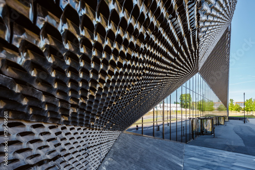 Close-up view of a striking modern architectural facade in Katowice, Poland