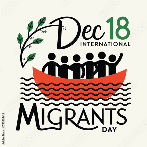 International migrants day, december 18, depicted with people in a boat crossing water, symbolizing journey and hope for a better future