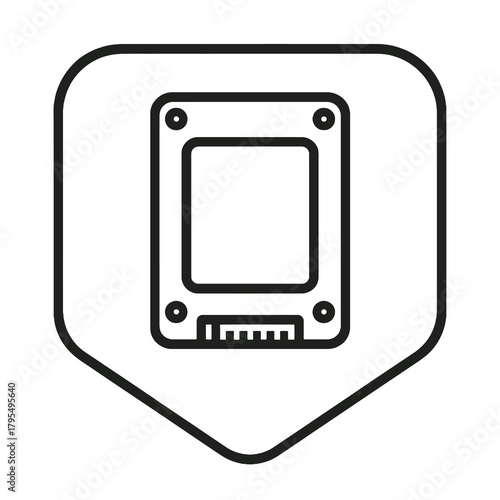 Minimalist solid-state drive icon in a square location marker, black outline vector for hardware catalogs, system upgrades, and tech performance tools.
