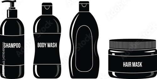 Bathroom Cosmetics Bottle and Jar Silhouettes Vector Set, Featuring Shampoo, Body Wash, and Hair Mask Products, for Beauty, Spa, and Hygiene Packaging.
