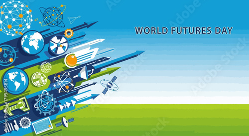 Celebrate World Futures Day with a visionary concept featuring globes, satellites, and forward-moving arrows, ideal for planning, technology, and global business initiatives, inspiring innovation