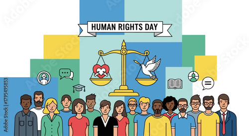 Celebrate Human Rights Day with Diverse Community Standing for Justice, Featuring Scales Balancing Love and Peace in Vibrant Colors, Ideal for Social Campaigns and Awareness Initiatives