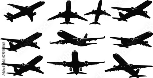 Commercial Airplane Silhouettes Vector Set, Showing Nine Different Views of Aircraft in Flight and Landing, Perfect for Travel, Aviation, and Transportation Design.
