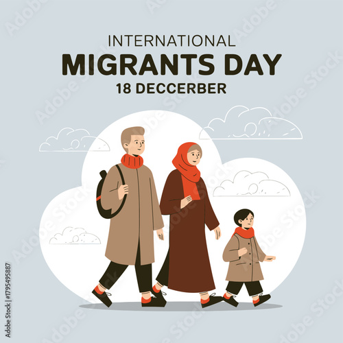 International migrants day, december 18, featuring a family walking together, representing migration, displacement, and the search for a new home