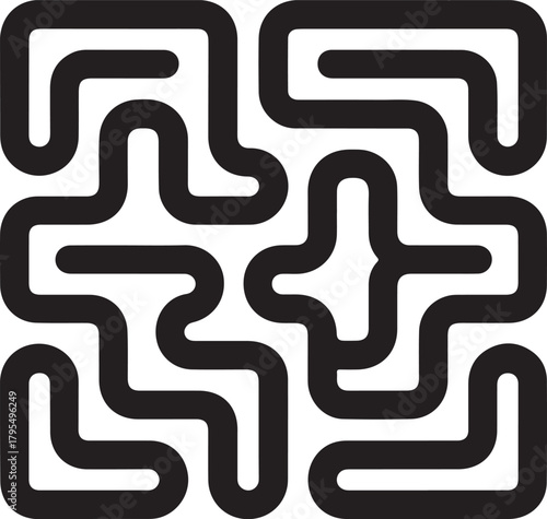 Abstract geometric pattern of thick rounded black lines creating a complex interconnected pathway design element. Vector